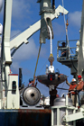  The release module is maneuvered into place with the A-frame, tele-boom and main winch.