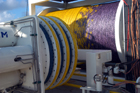 The strand by strand transition from B.O.B [yellow] to Plasma [purple] is clearly visible in this shot as the ODIM CTCU lowers the long core to the seafloor.  