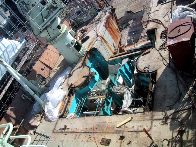 A large portion of the fantail was removed to allow installation of a reinforced deck and foundations for future long core equipment. 