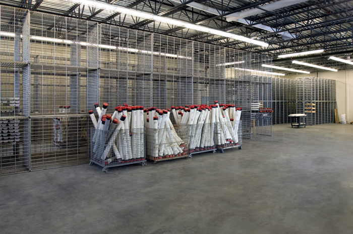 New racks for storage of long core samples await sea trials.  The new storage facility [~6600 square feet ] also has racks for dredge and submersible samples, a walk in refrigerator and a special dry room for sulfide chimneys from hydrothermal vents.