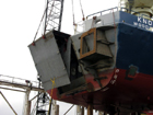 The Stern module being fit.  To starboard, the skeleton and bracing for the Long Core handling Grapple can be seen.