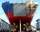  Stern module in place.  Note center area, outlined by weld seams where stern sheave will be fit.