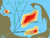 Using five years of data on right whale sightings (red indicates more frequent sightings), researchers have proposed seasonal changes to shipping lanes to reduce ship-whale collisions.