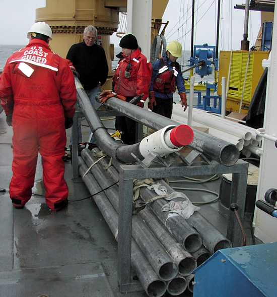 Attempting to piston core the consolidated shelf sediments in the Chukchi Sea caused the core casing to bend.