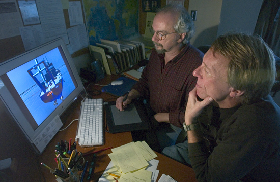 Jim Broda (front) and Jack Cook working on long core animation.