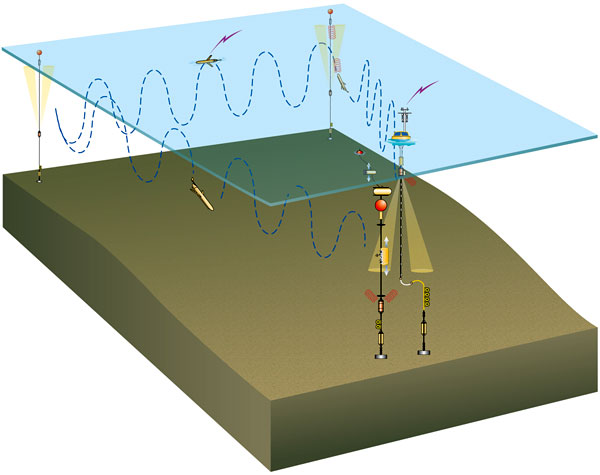 Schematic of a Global site, depicting the triangular array formed by a surface/subsurface mooring pair (foreground) and two flanking moorings (background).