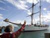 BL Owens waving goodbye to the SEA schooner Corwith Cramer.