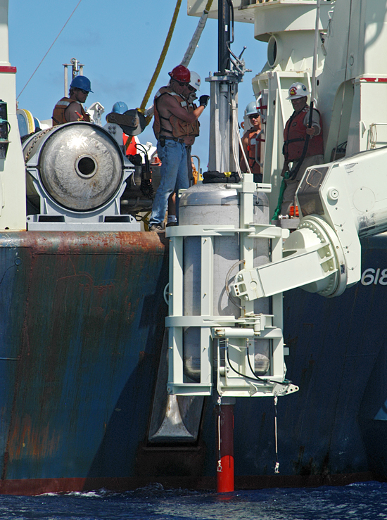 Long core piston handling off the stern of R/V Knorr.