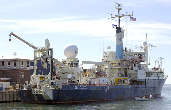 R/V Knorr departing the WHOI dock for the Long Core test cruise, 8/28/07.