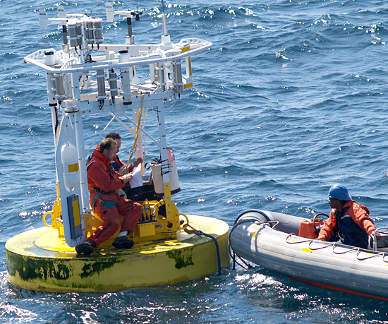 WHOI UOP group conducting at-sea repair on an ASIMET buoy.