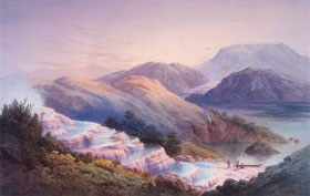 Painting of the Pink Terraces prior to 1886.