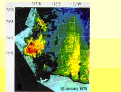CZCS image of chlorophyll during January in the Ross Sea. Recent research suggests that diatoms often bloom in the western area while the waning bloom in the southern Ross Sea is composed mostly of Phaeocystis.