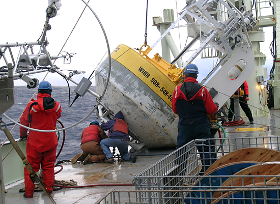 Buoy recovery operations on R/V Knorr.