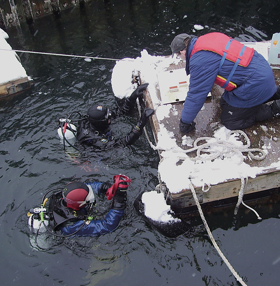 Michael Holcomb, Byron Pedler, and Ben Van Mooy recovering experimental plates under the WHOI pier.