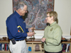 Sandy Williams presents Susan Avery with artifact from former R/V <em>Atlantis</em>