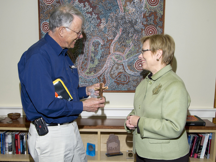 In January, WHOI Scientist Emeritus Sandy Williams presented the Institutions President and Director Susan Avery with a small, wooden crucifix, given to him by an Argentinean naval architect. 