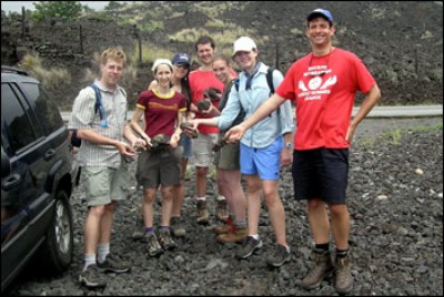 The geodynamics group shows off xenoliths collected along the lower reaches of the Kaupulehu flow. 