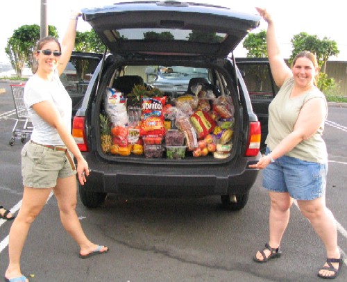Students, Cara Santelli and Emily Van Ark, display food stuffs from Kailua Kona that sustained us during our adventures.