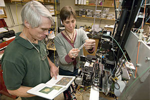 Rob Olson and Heidi Sosik examine plankton-filled water samples on a prototype version of the Imaging FlowCytobot