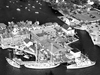 Aerial view of R/V's Aries, Atlantis, Crawford, and Bear at WHOI dock.