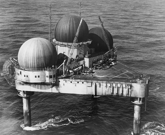 Texas tower #2 near completion, circa 1955, Nantucket Shoals.