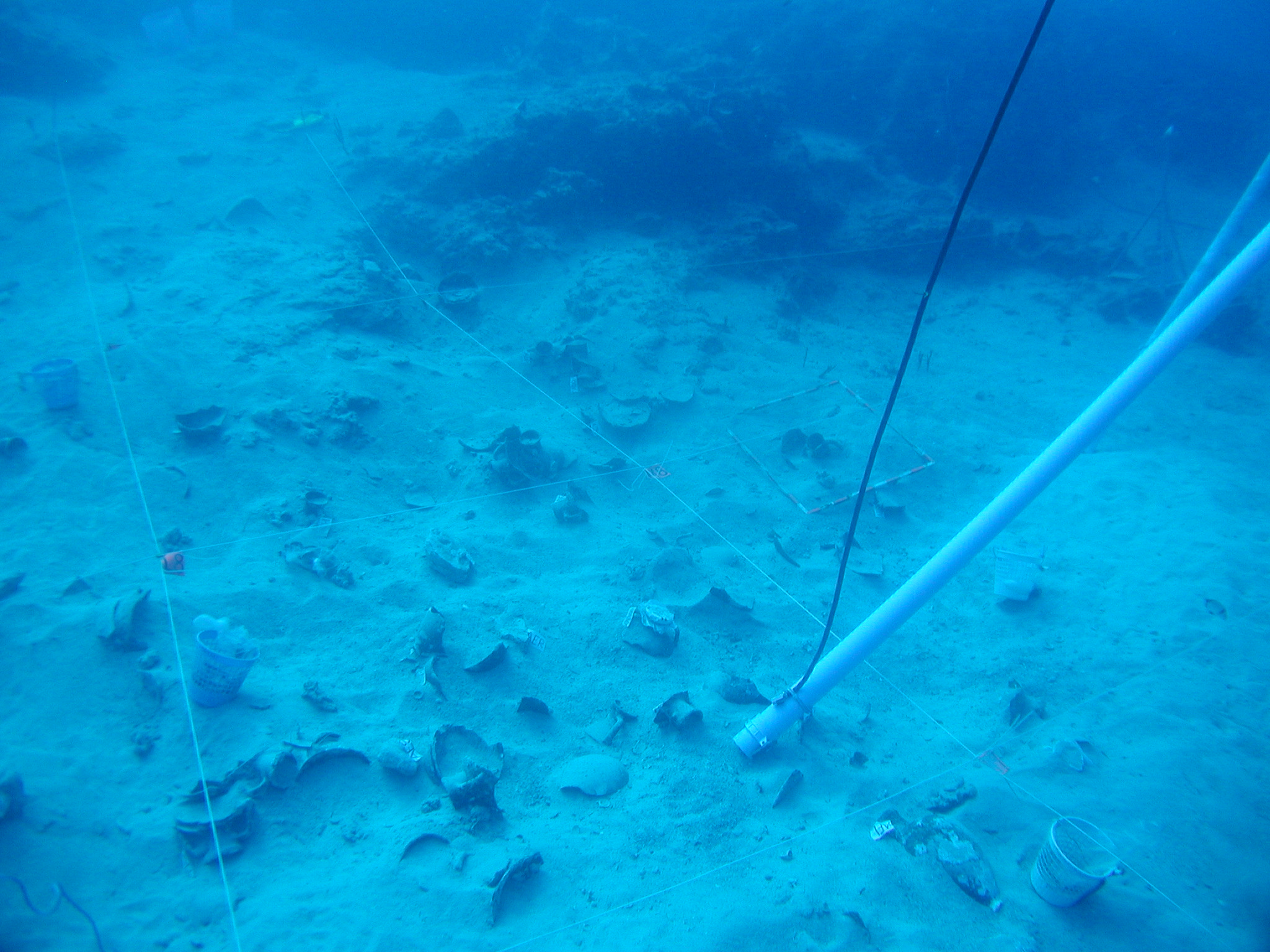 The 6th century B.C. shipwreck at Pabuc Burnu, Turkey. This site was heavily damaged perhaps by fishing activity. The ceramic artifacts are smashed and scattered around the site.