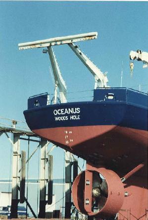 Oceanus in drydock, stern view showing Cort Nozzle.