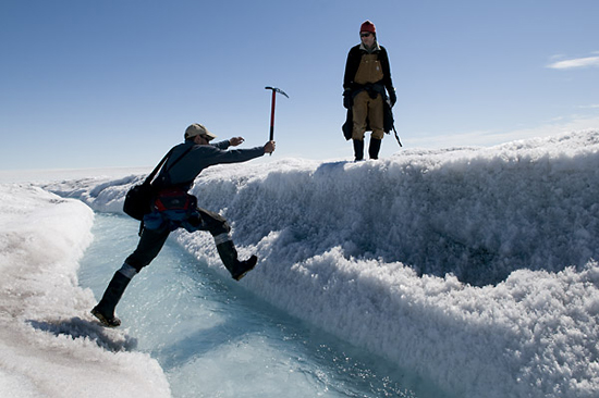 Mark Behn using an ice ax.