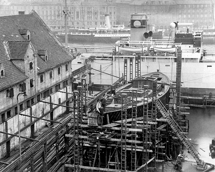 original RV Atlantis being built in Copenhagen shipyard