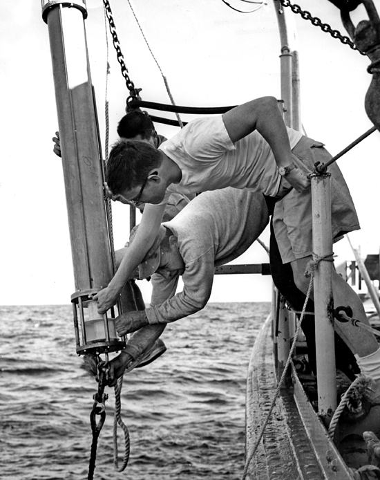 Gus Day (bottom) and Marvel Stalcup (glasses) working on the R/V Crawford.
