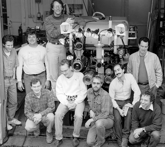 Engineers and students from the WHOI Deep Submergence Laboratory gather around the first full-scale Jason 