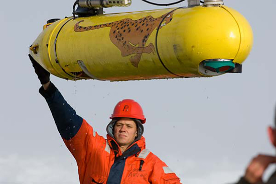 Mike Jakuba of Johns Hopkins University guided the robotic underwater vehicle Jaguar back on board.