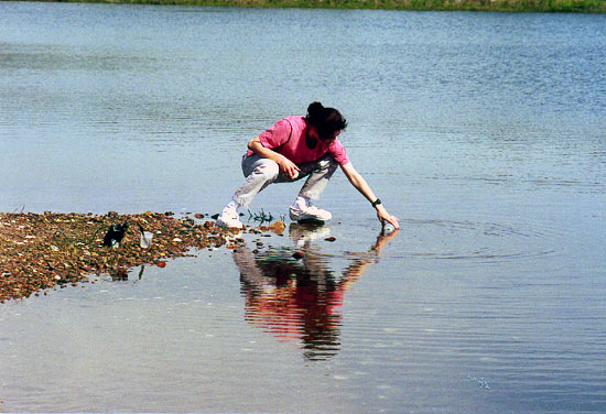 Katrina Edwards collects water samples from Salt Pond in Falmouth, MA