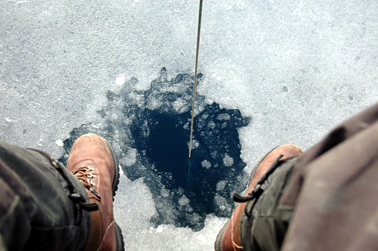 Peter Winsor peers into a hole cut into the ice