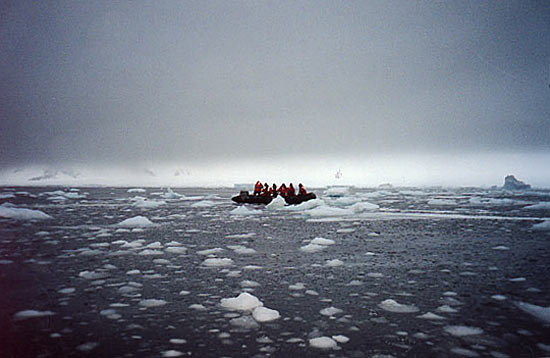 researchers thread their way through pack ice