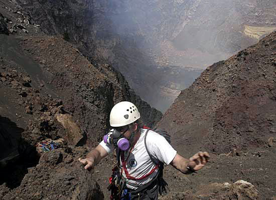 WHOI geochemist Ken Sims climbed into Masaya Volcano in Nicaragua to collect gas samples directly from  highly concentrated plumes in the caldera.