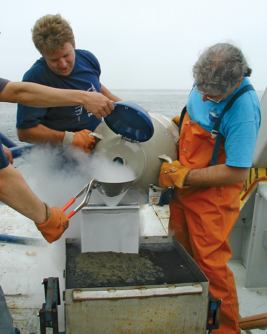 WHOI paleoceanographer Konrad Hughen (left) and WHOI Research Associate Daniel Montlucon.