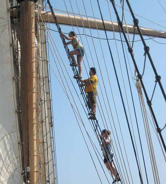 JP students climbing ships rigging.
