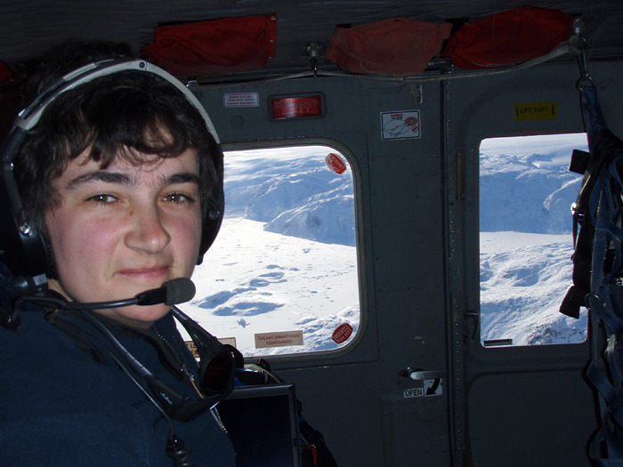 oceanographer Fiamma Straneo in a helicopter over Greenland