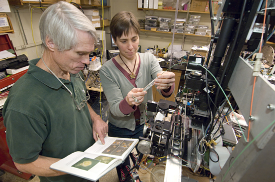 Rob Olson and Heidi Sosik working with the FlowCytobot.