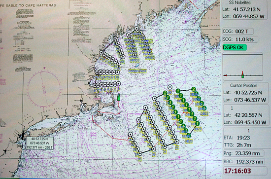 Screen capture of sampling transect plot from recent Oceanus cruise OC447.