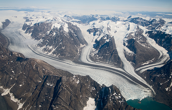Flying over Greenland glaciers.
