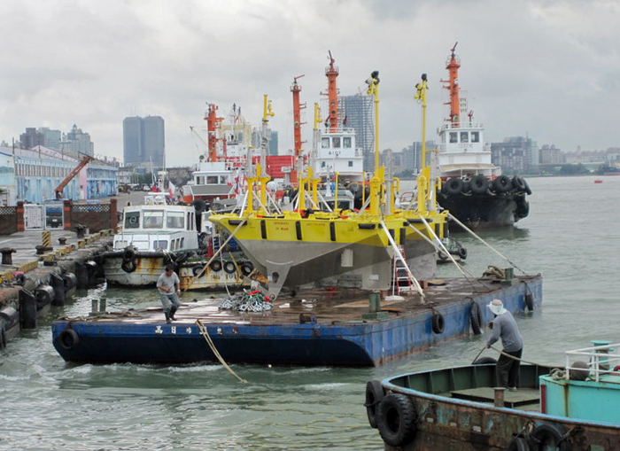 NOMAD buoys on a barge in the port city of Kaohsiung, Taiwan