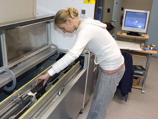Research Assistant Skye Moret-Ferguson of the Geology & Geophysics department prepares a core for analysis in the X-ray fluorescence (XRF) core scanner.