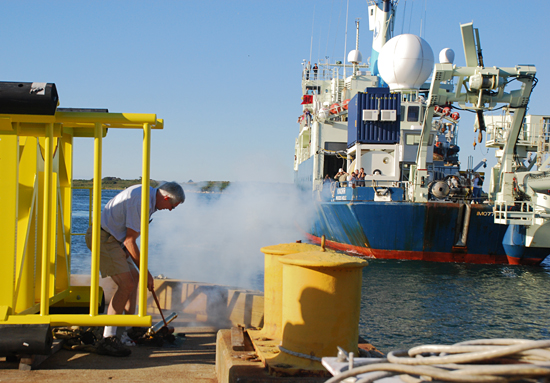 Ben Allen firing the canon upon the arrival of the R/V Knorr.