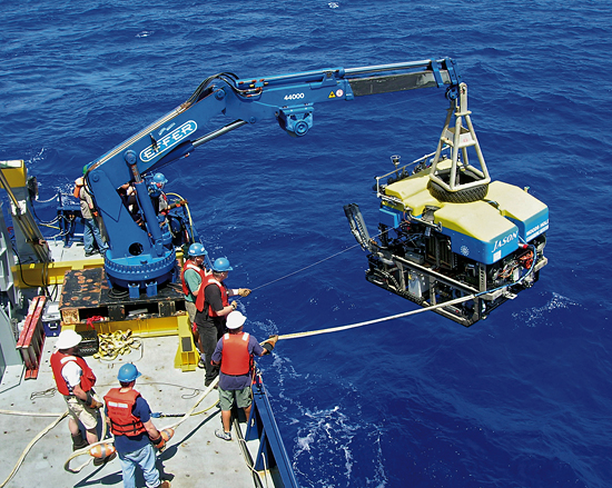 Jason is lowered in the Pacific Ocean