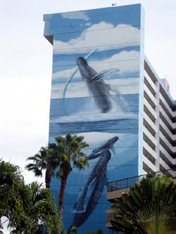A humpback whale mural on a Waikiki skyscraper