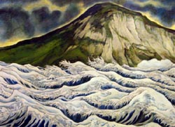 Japanese-style wave mural in convention center