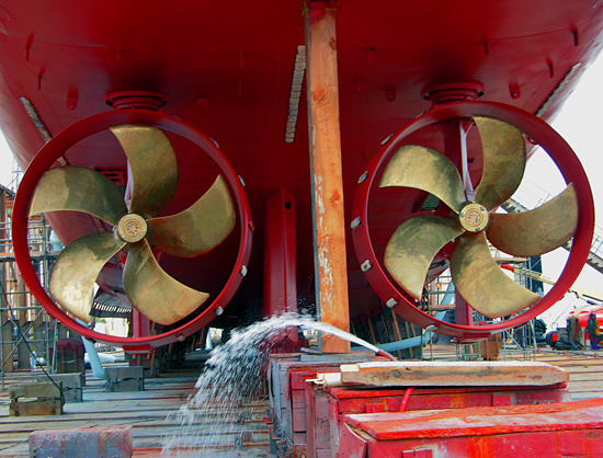 Fresh from refinishing, the ?Z-drive? propulsion units of the R/V Knorr are exposed in a Jacksonville shipyard.