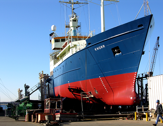 The WHOI research vessel Knorr, high and dry at Atlantic Dry Dock in Jacksonville, Florida